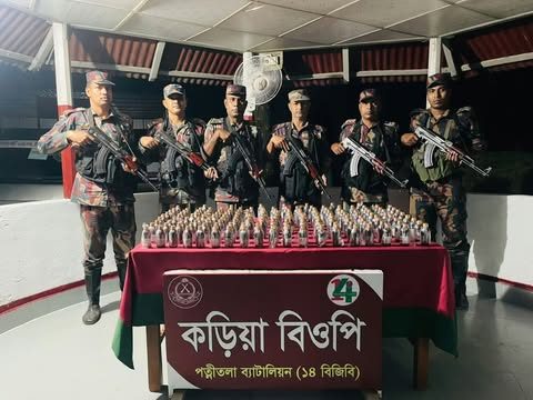 পত্নীতলায় বিজিবি'র অভিযানে ১৬০ বোতল ভারতীয় কফ সিরাপ উদ্ধার